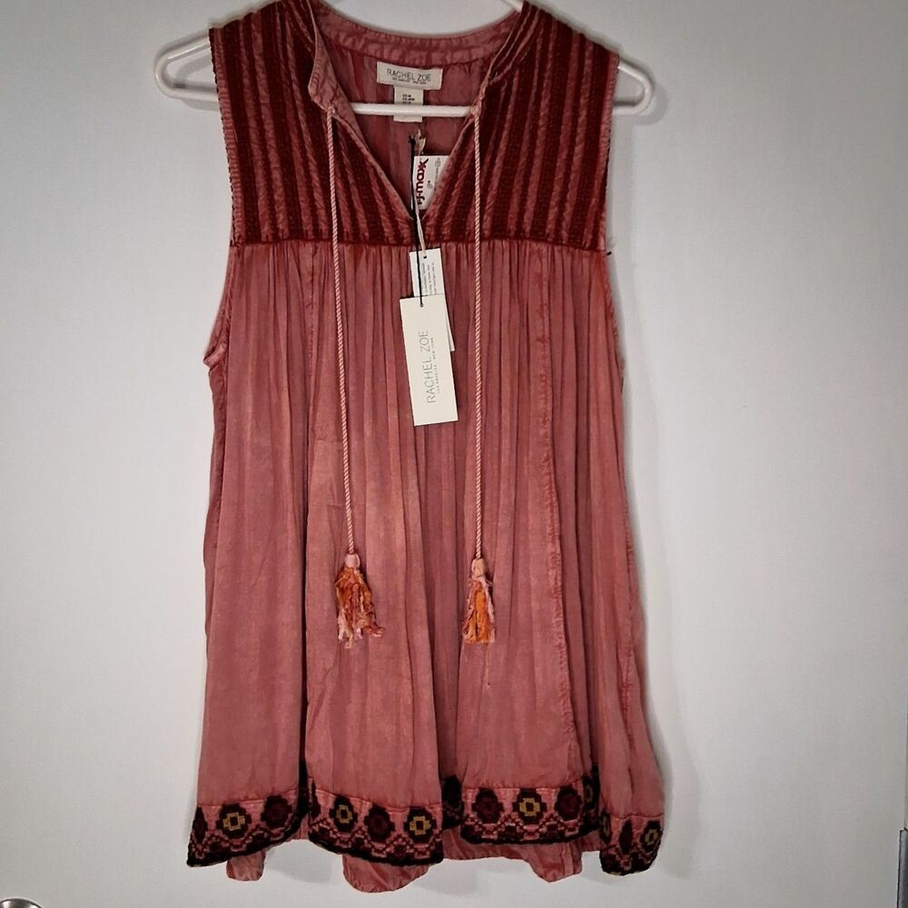 Rachel Zoe Pink Embroidered Boho Tunic Top Sleeveless Festival Beach M